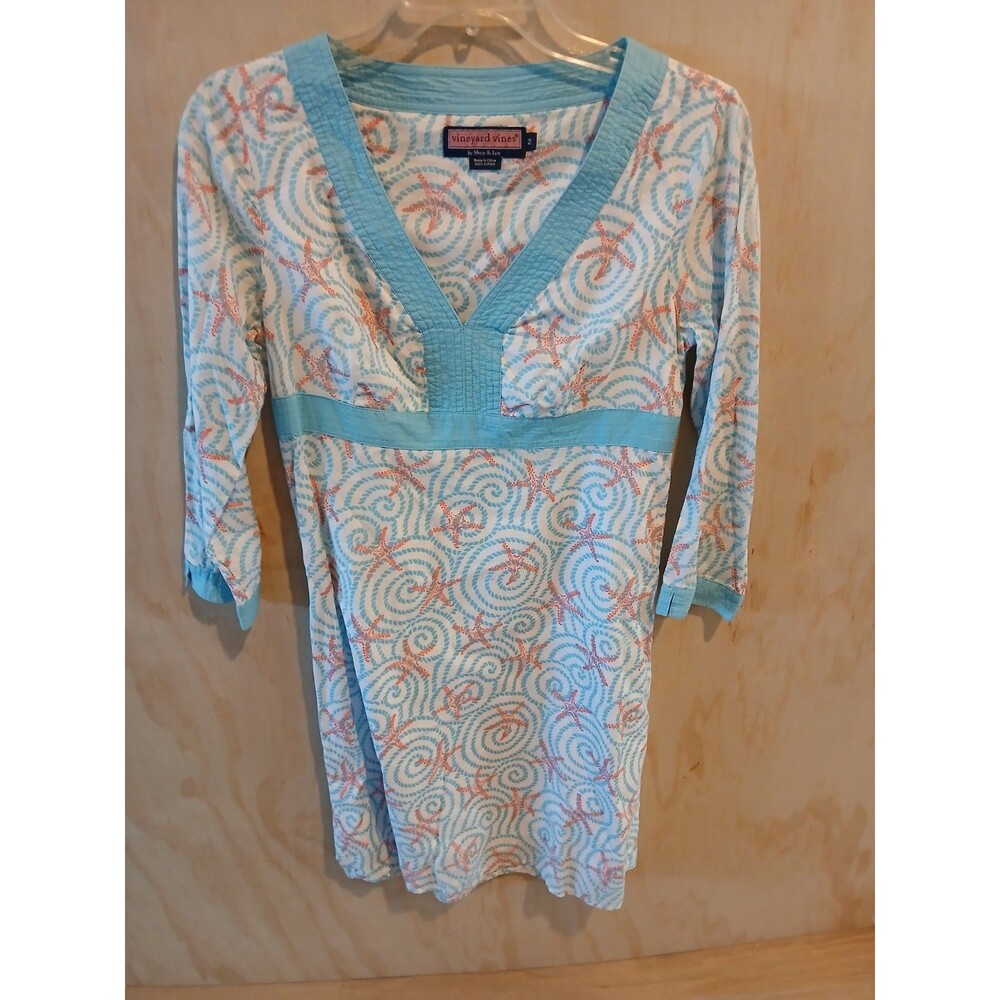 Vineyard Vines Starfish Spiral Cotton Blue Beach Dress 3/4 Sleeve Women's Sz 2